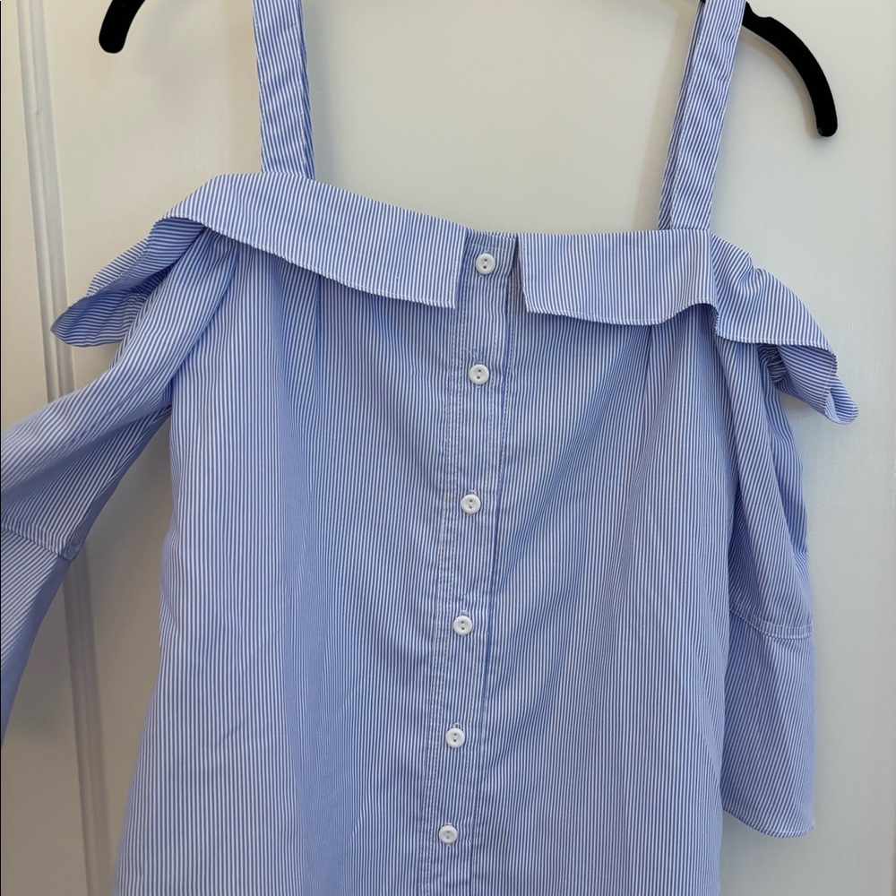 Blue and white striped off the shoulder shirt